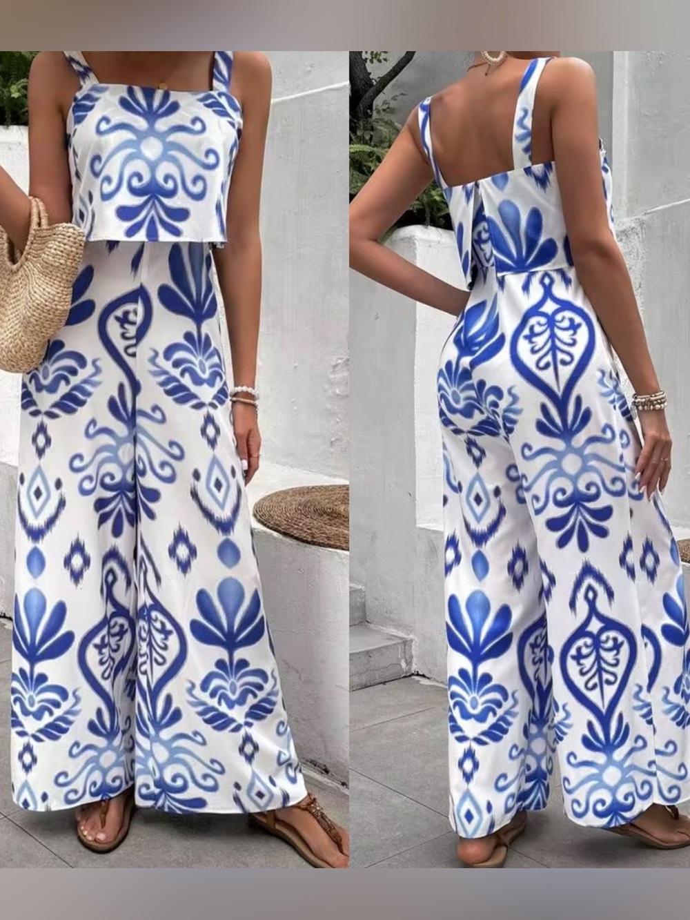 SHEIN Blue Abstract Printed Flounce Jumpsuit Size Large